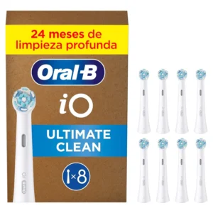 A pack of eight Oral-B iO Ultimate Clean replacement toothbrush heads with twisted and angled bristles for superior plaque removal on iO electric toothbrushes.