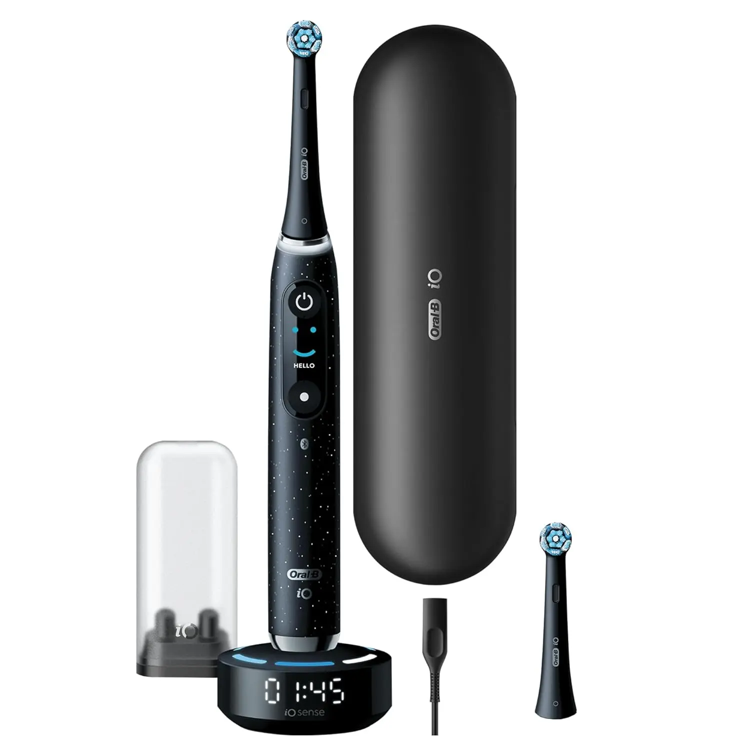 The Oral-B iO Series 10 Cosmic Black toothbrush features AI-powered 3D teeth tracking, smart pressure control, and a personalized interactive display for effective and convenient cleaning.
