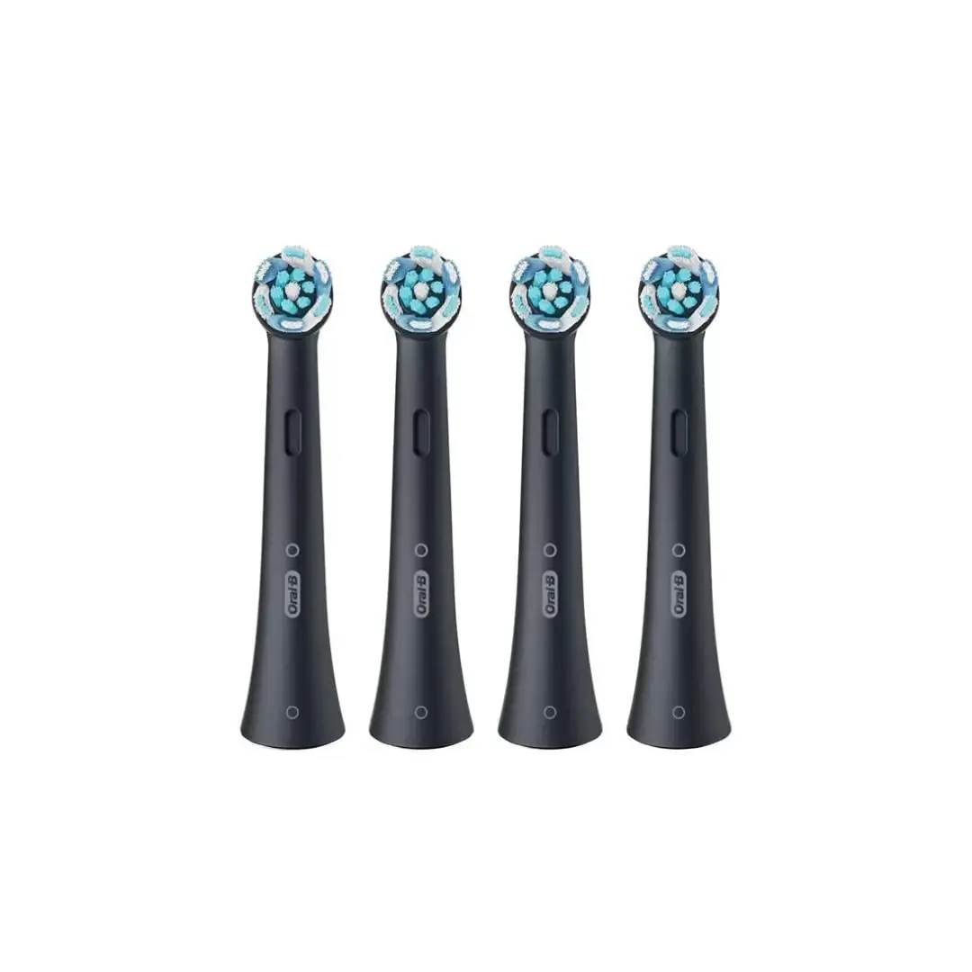 A pack of four Oral-B iO Ultimate Clean black toothbrush heads, designed for up to 100% plaque removal and compatible with Oral-B iO electric toothbrushes, featuring innovative bristles and a dentist-recommended replacement schedule.