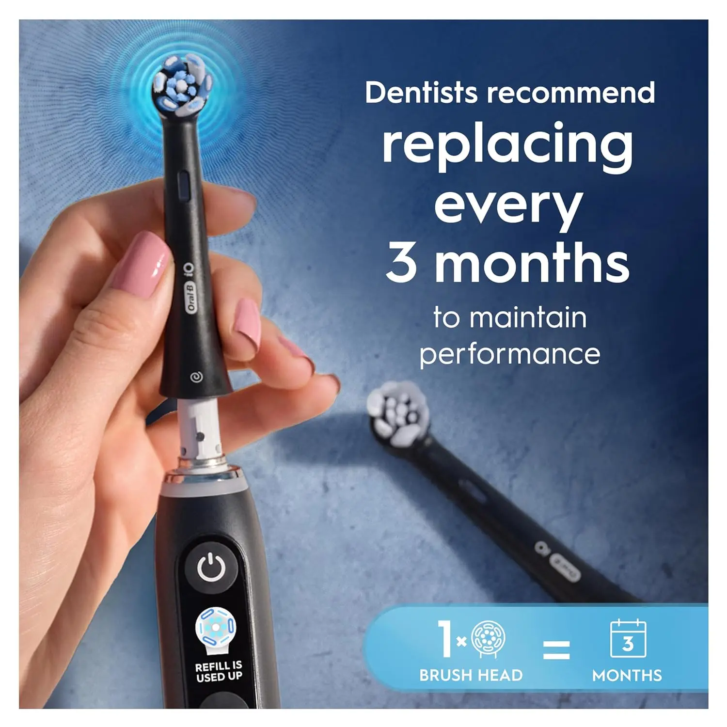 A pack of four Oral-B iO Ultimate Clean black toothbrush heads, designed for up to 100% plaque removal and compatible with Oral-B iO electric toothbrushes, featuring innovative bristles and a dentist-recommended replacement schedule.