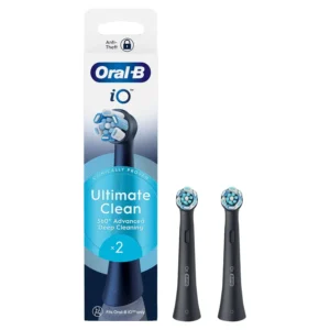 Two Oral-B iO Ultimate Clean black replacement brush heads designed for Oral-B iO electric toothbrushes, featuring round brush head and dense bristles for plaque removal.