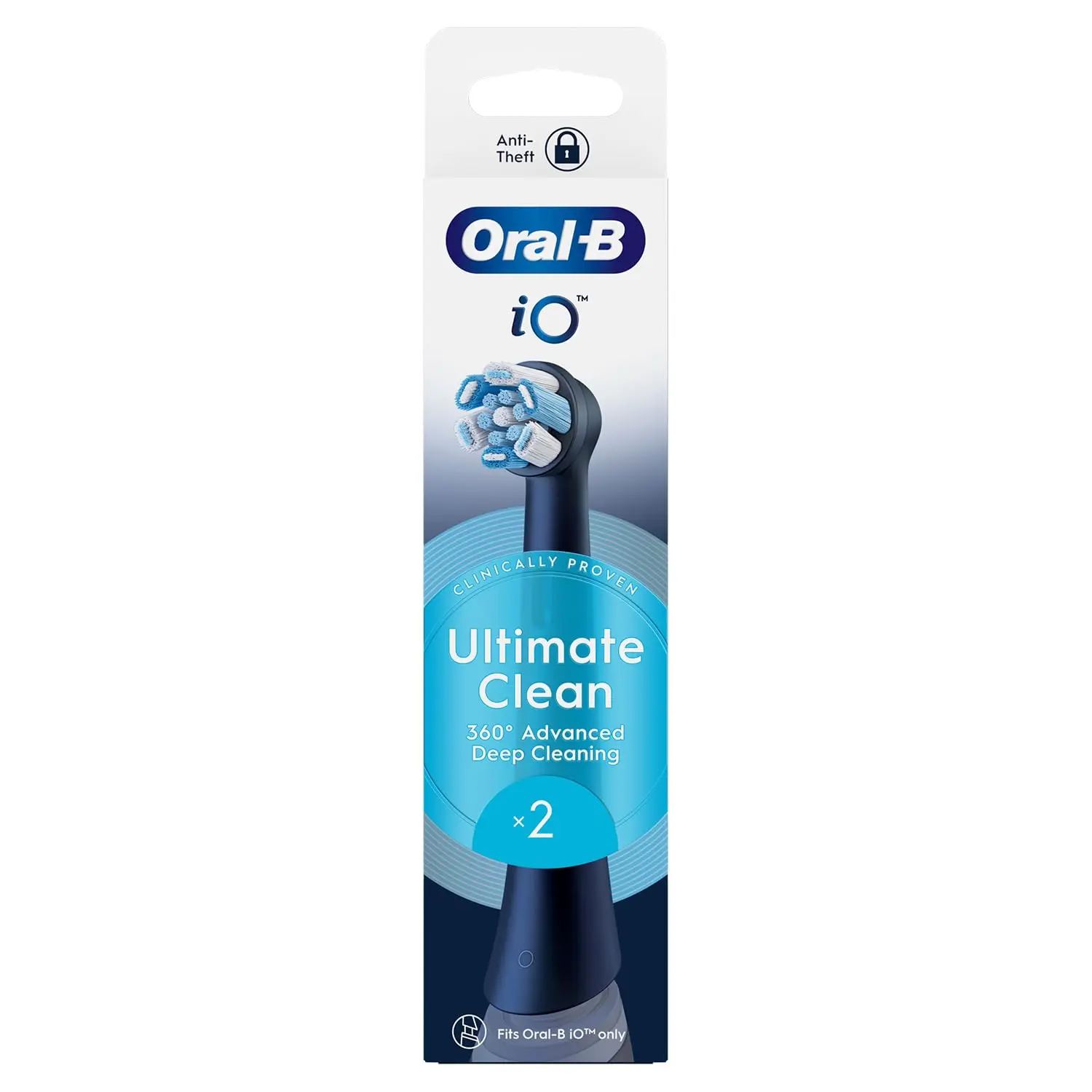 Two Oral-B iO Ultimate Clean black replacement brush heads designed for Oral-B iO electric toothbrushes, featuring round brush head and dense bristles for plaque removal.