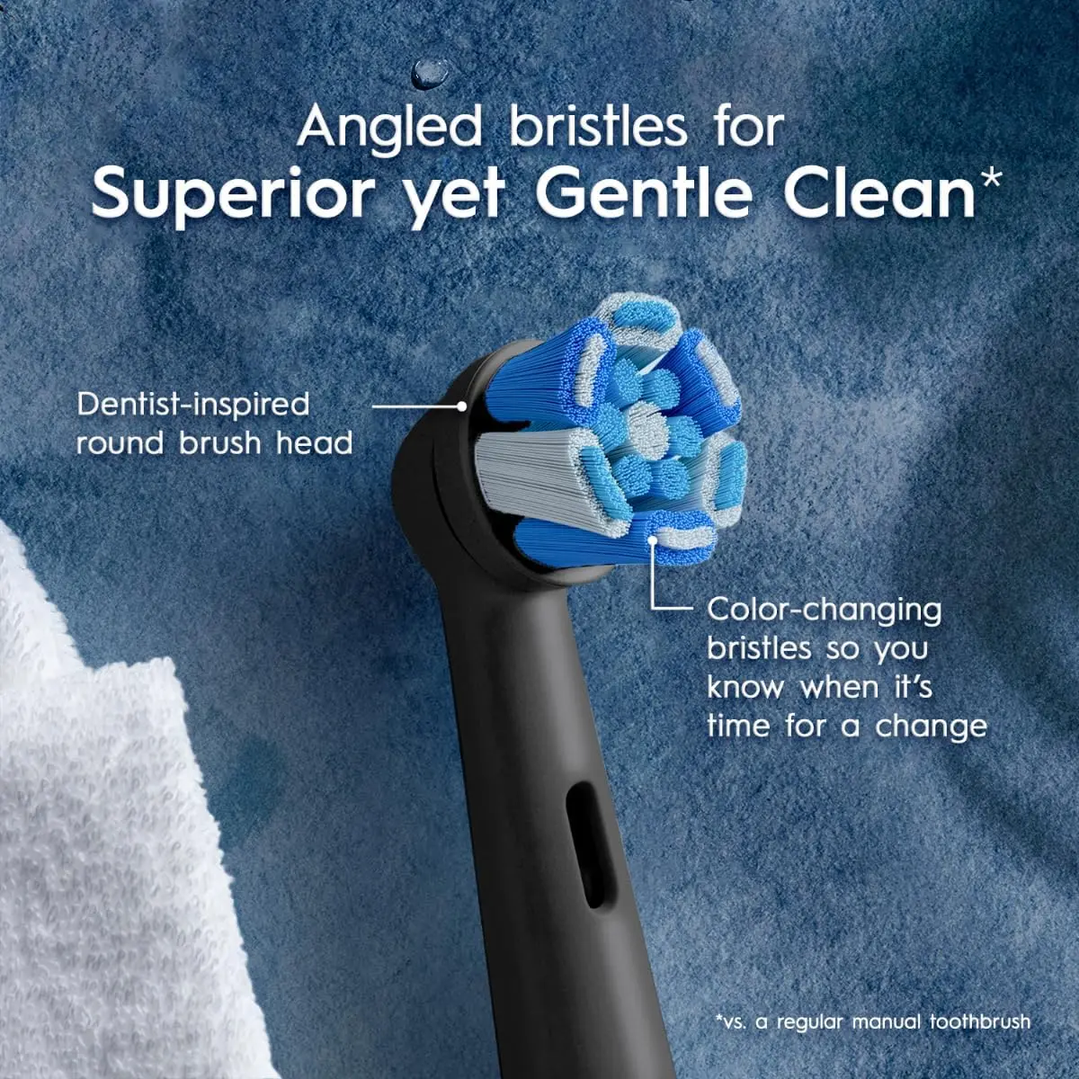 Two Oral-B iO Ultimate Clean black replacement brush heads designed for Oral-B iO electric toothbrushes, featuring round brush head and dense bristles for plaque removal.