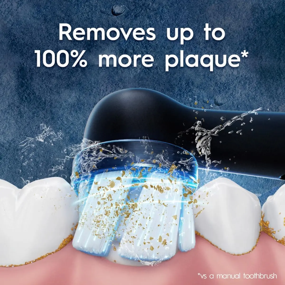 Two Oral-B iO Ultimate Clean black replacement brush heads designed for Oral-B iO electric toothbrushes, featuring round brush head and dense bristles for plaque removal.