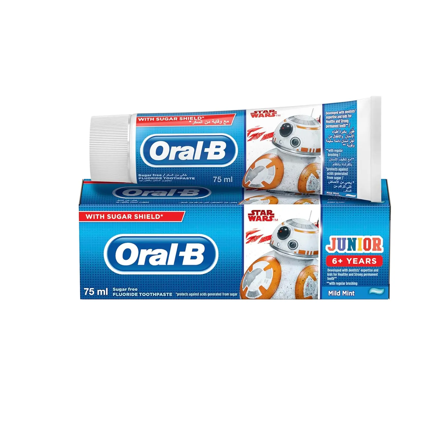 Oral-B Junior toothpaste for children aged six and older, with a mild mint flavor and sugar shield to protect against cavities and sensitivity.