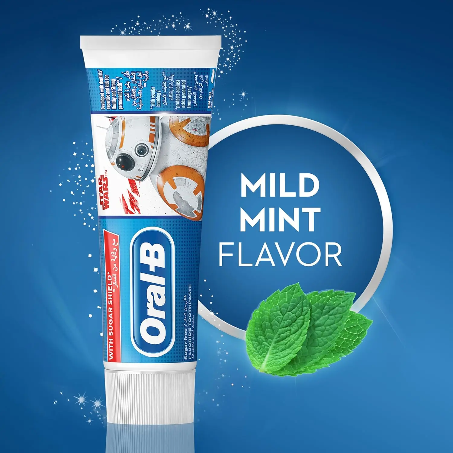 Oral-B Junior toothpaste for children aged six and older, with a mild mint flavor and sugar shield to protect against cavities and sensitivity.