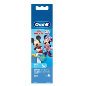 Two Oral-B Braun EB10 kids replacement brush heads with fun Disney characters, designed for gentle cleaning of children's teeth.