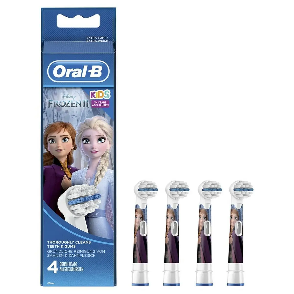 Four Oral-B Stages Power kids electric toothbrush replacement heads featuring Frozen characters, designed for a gentle and fun brushing experience, and compatible with most Oral-B kids' rechargeable toothbrush handles.