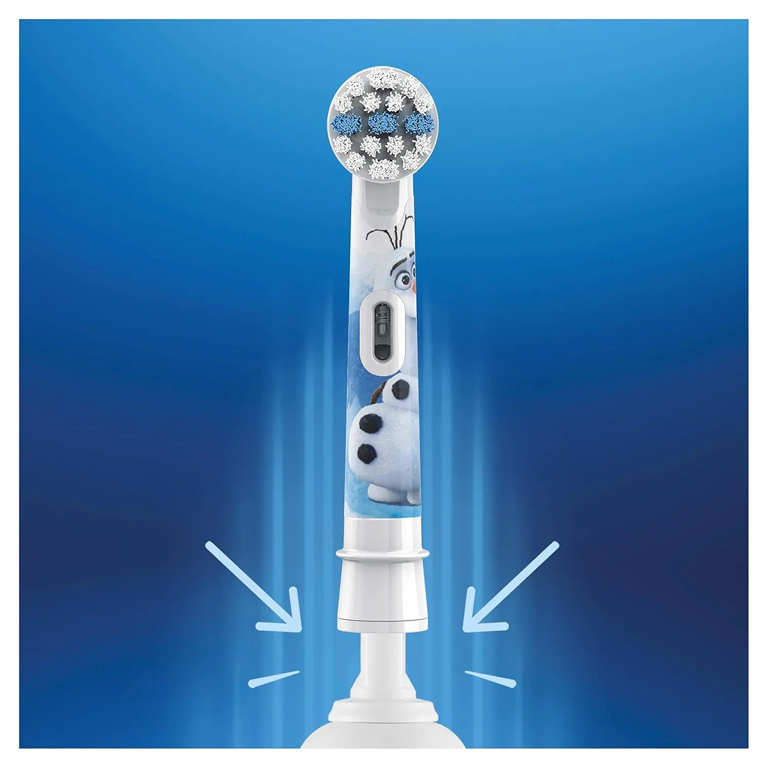 Four Oral-B Stages Power kids electric toothbrush replacement heads featuring Frozen characters, designed for a gentle and fun brushing experience, and compatible with most Oral-B kids' rechargeable toothbrush handles.