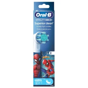 Two Oral-B electric toothbrush replacement heads designed for kids, featuring Star Wars characters and extra soft bristles for a gentle brushing experience.