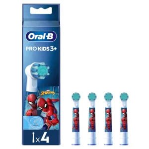 Pack of four Oral-B Pro Kids replacement toothbrush heads featuring Spiderman, designed with extra soft bristles gentle on gums for children ages 3 and up.