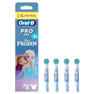 A pack of four Oral-B Pro Kids replacement toothbrush heads featuring Disney Frozen characters, designed with extra soft bristles for gentle cleaning on gums and sized for children ages 3 and up.