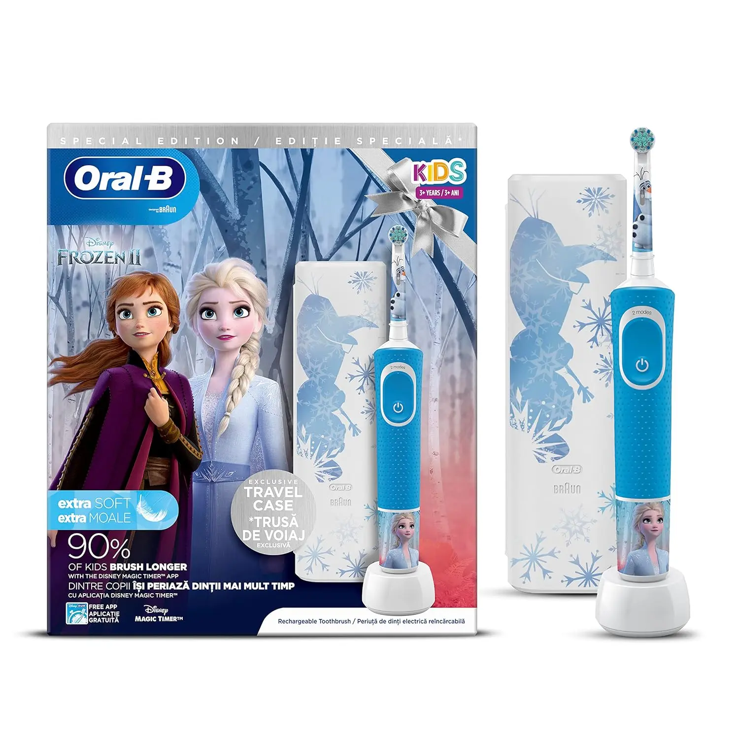 Oral-B Kids Electric Toothbrush featuring a Frozen design with a travel case, designed with soft bristles and a two-minute timer for gentle and effective cleaning of children's teeth.