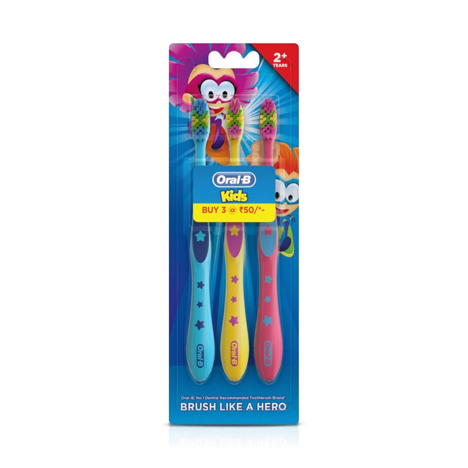 This is a three pack of Oral-B kids toothbrushes with extra soft, end-rounded bristles for gentle cleaning and featuring Captain Oral-B.