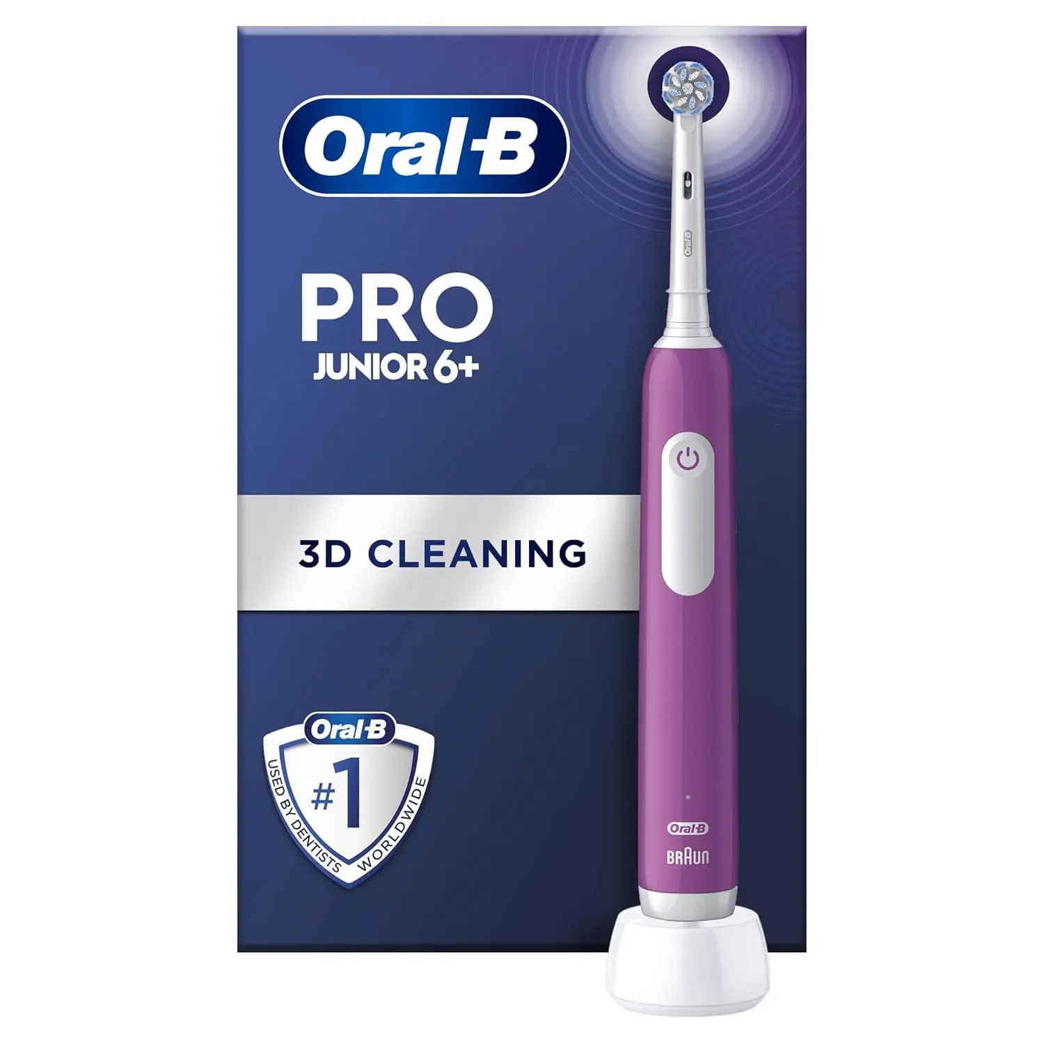 Green Oral-B Pro Junior electric toothbrush for kids aged six and up with a small brush head, designed for gentle and effective cleaning with pressure control.