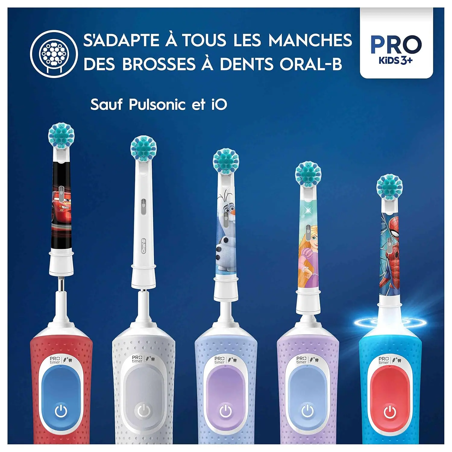 A pack of four Oral-B Pro Kids replacement toothbrush heads featuring Disney Frozen characters, designed with extra soft bristles for gentle cleaning on gums and sized for children ages 3 and up.