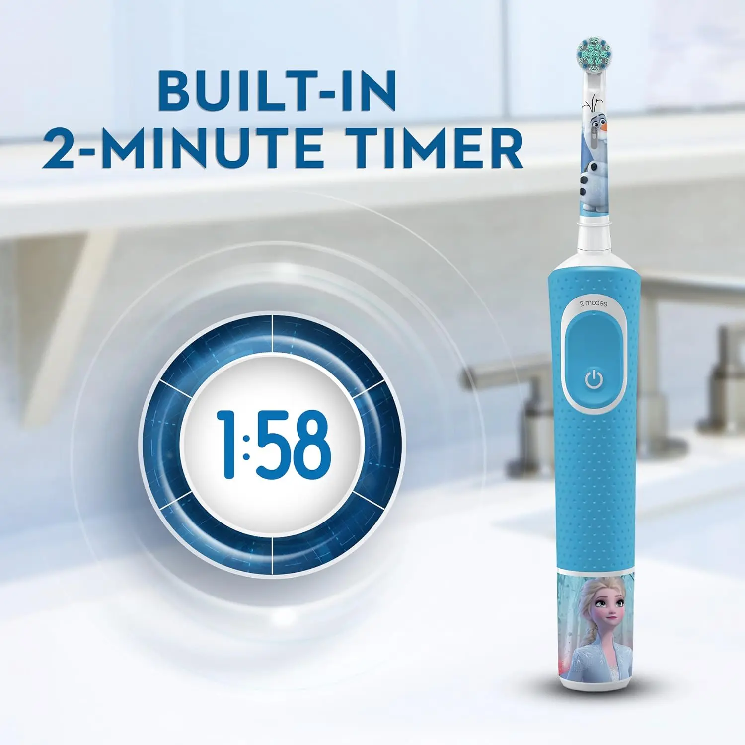 Oral-B Kids Electric Toothbrush featuring a Frozen design with a travel case, designed with soft bristles and a two-minute timer for gentle and effective cleaning of children's teeth.