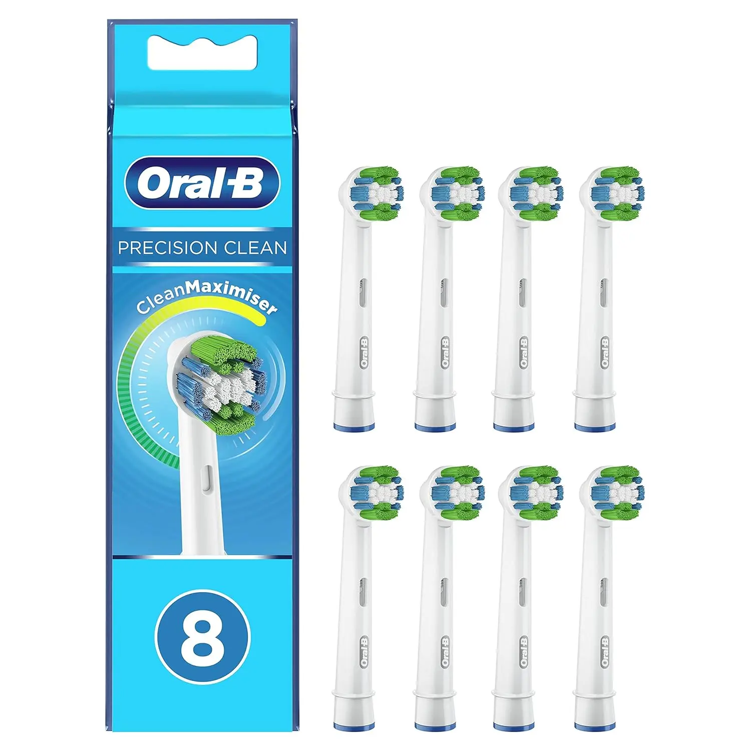 A pack of eight Oral-B Precision Clean replacement toothbrush heads with CleanMaximiser bristles, designed to remove plaque and improve gum health.
