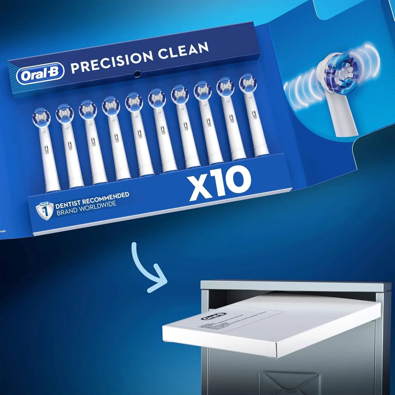 Ten Oral-B Precision Clean replacement brush heads designed to reach hard-to-reach areas and remove plaque, compatible with most Oral-B rechargeable handles.