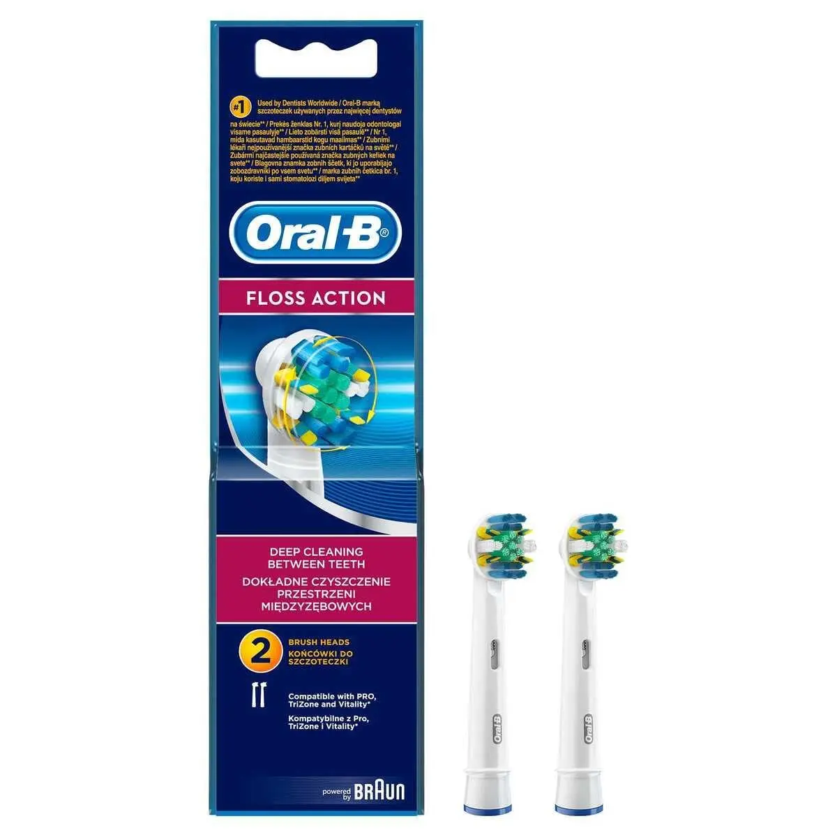 Three Oral-B Precision Clean EB20 replacement brush heads designed for Oral-B rechargeable toothbrushes, featuring rounded bristles for cleaning teeth and gums.