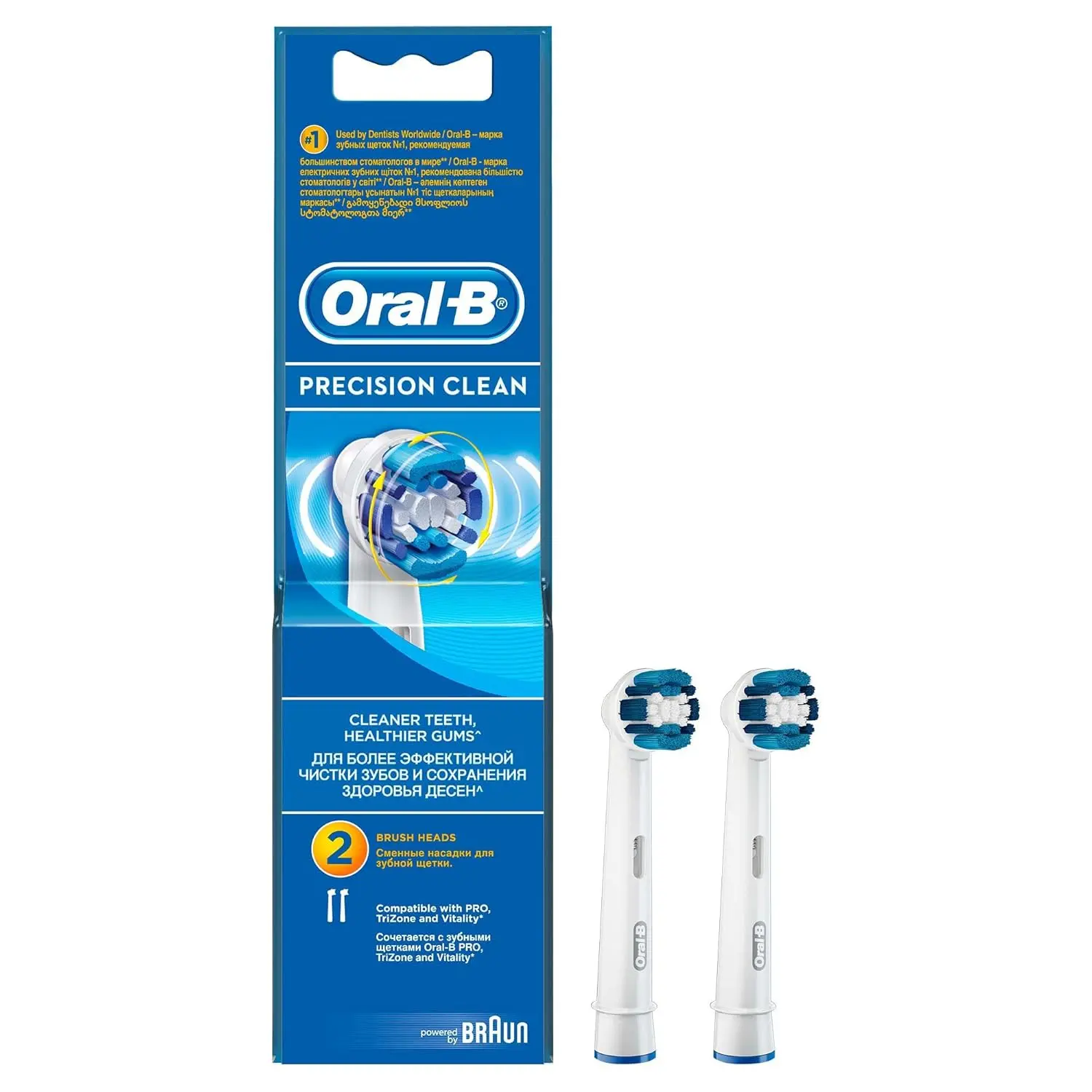 Three Oral-B Precision Clean EB20 replacement brush heads designed for Oral-B rechargeable toothbrushes, featuring rounded bristles for cleaning teeth and gums.
