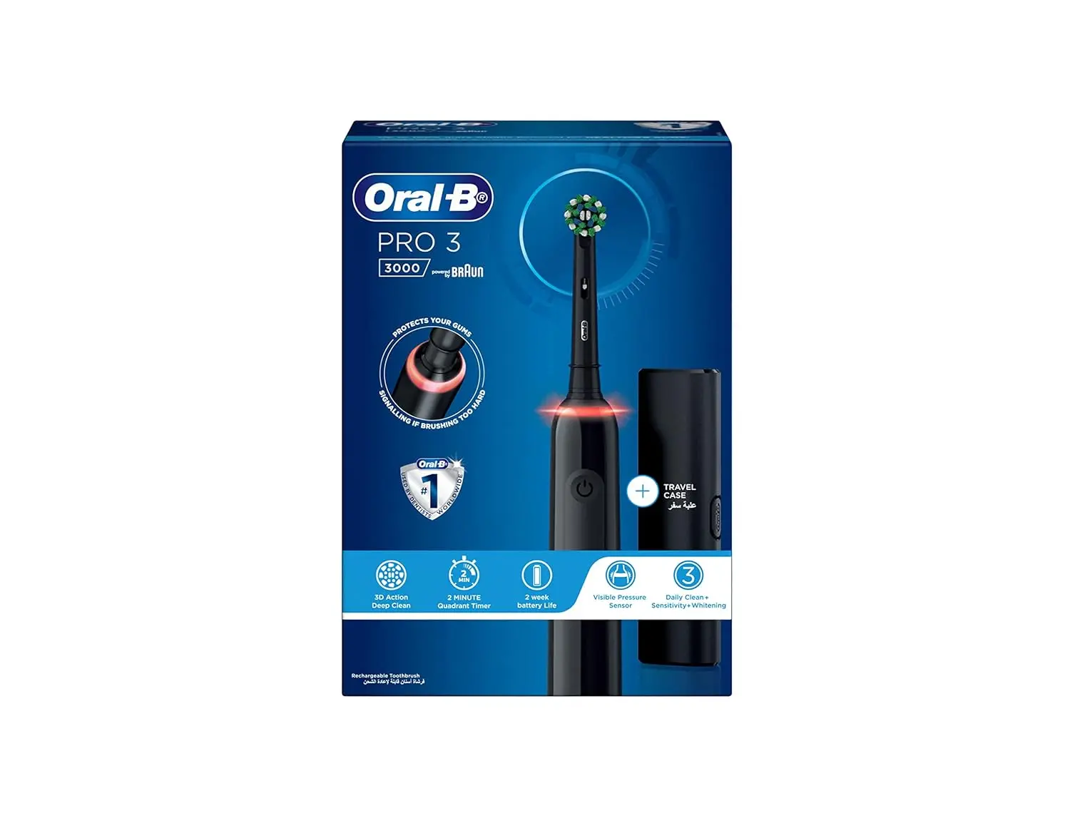 Black Oral-B Pro Clean 3 3000 rechargeable electric toothbrush with a round brush head and built-in timer for enhanced plaque removal and gum protection.