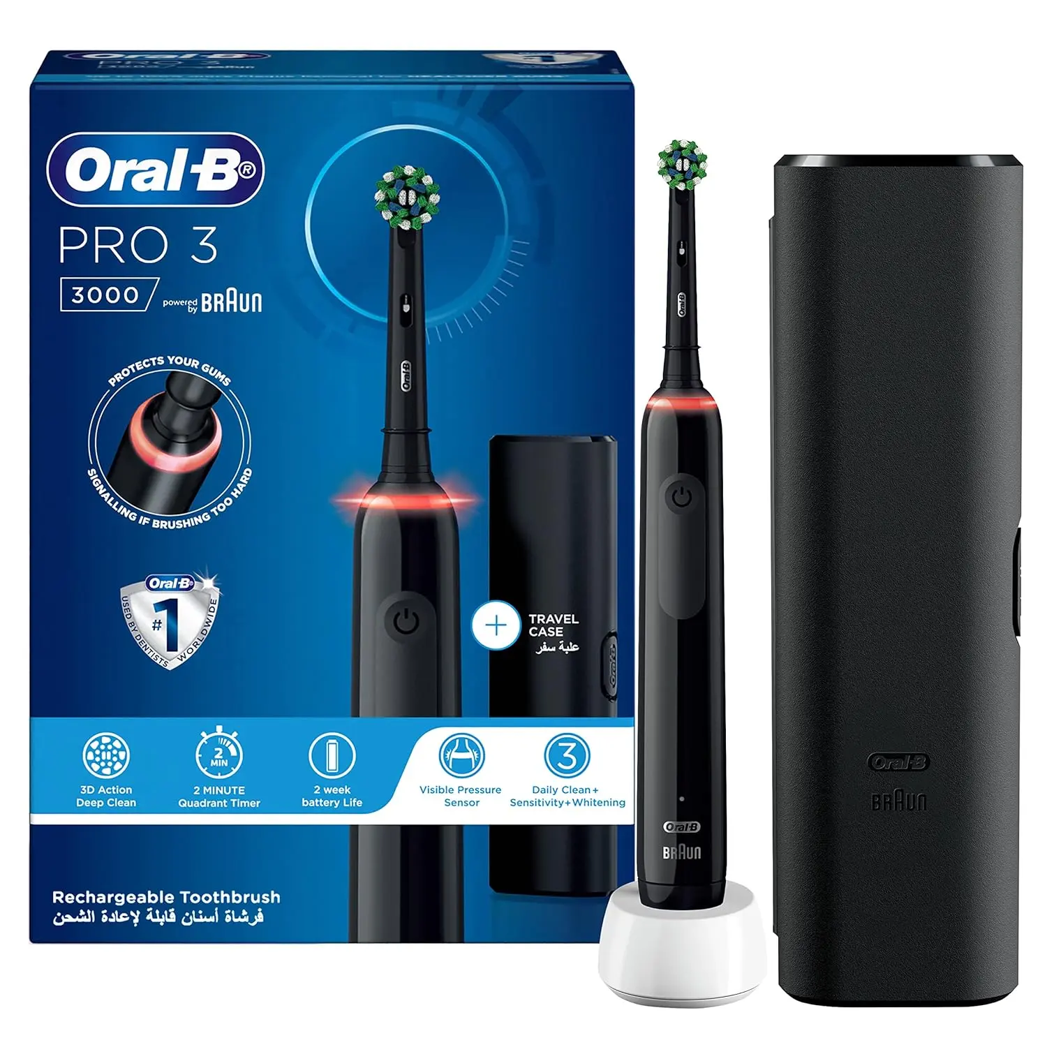 Black Oral-B Pro Clean 3 3000 rechargeable electric toothbrush with a round brush head and built-in timer for enhanced plaque removal and gum protection.
