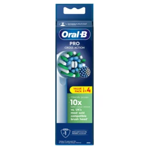 Four Oral-B Pro CrossAction replacement brush heads with X-shape bristles, designed for deeper plaque removal and healthier gums.