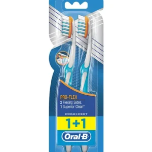 Two Oral-B Pro-Expert ProFlex soft manual toothbrushes with flexing heads and crisscross bristles designed to remove plaque, reduce gingivitis, and improve gum health.