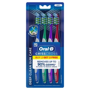 This Oral-B Pro Health toothbrush 4-pack features soft, end-rounded bristles for gentle gum care and CrissCross bristles to effectively remove plaque from hard-to-reach areas.