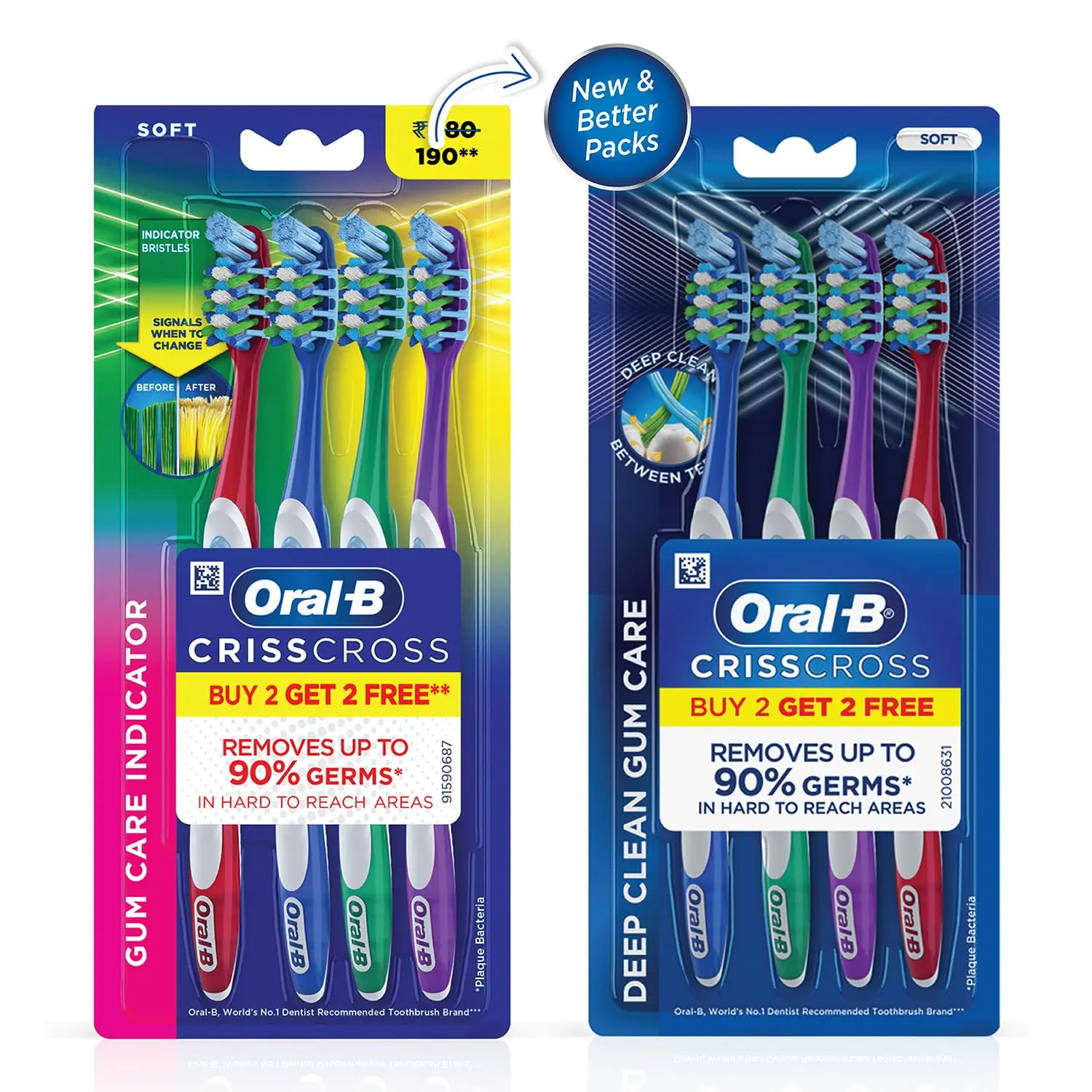 This Oral-B Pro Health toothbrush 4-pack features soft, end-rounded bristles for gentle gum care and CrissCross bristles to effectively remove plaque from hard-to-reach areas.