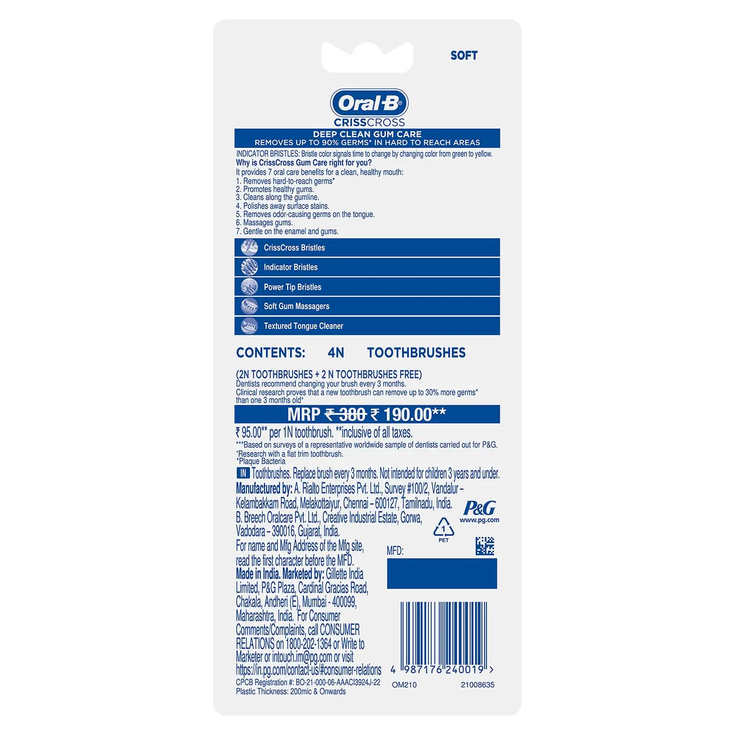 This Oral-B Pro Health toothbrush 4-pack features soft, end-rounded bristles for gentle gum care and CrissCross bristles to effectively remove plaque from hard-to-reach areas.