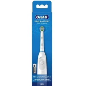 Close-up of an Oral-B Pro battery powered toothbrush with two included batteries.