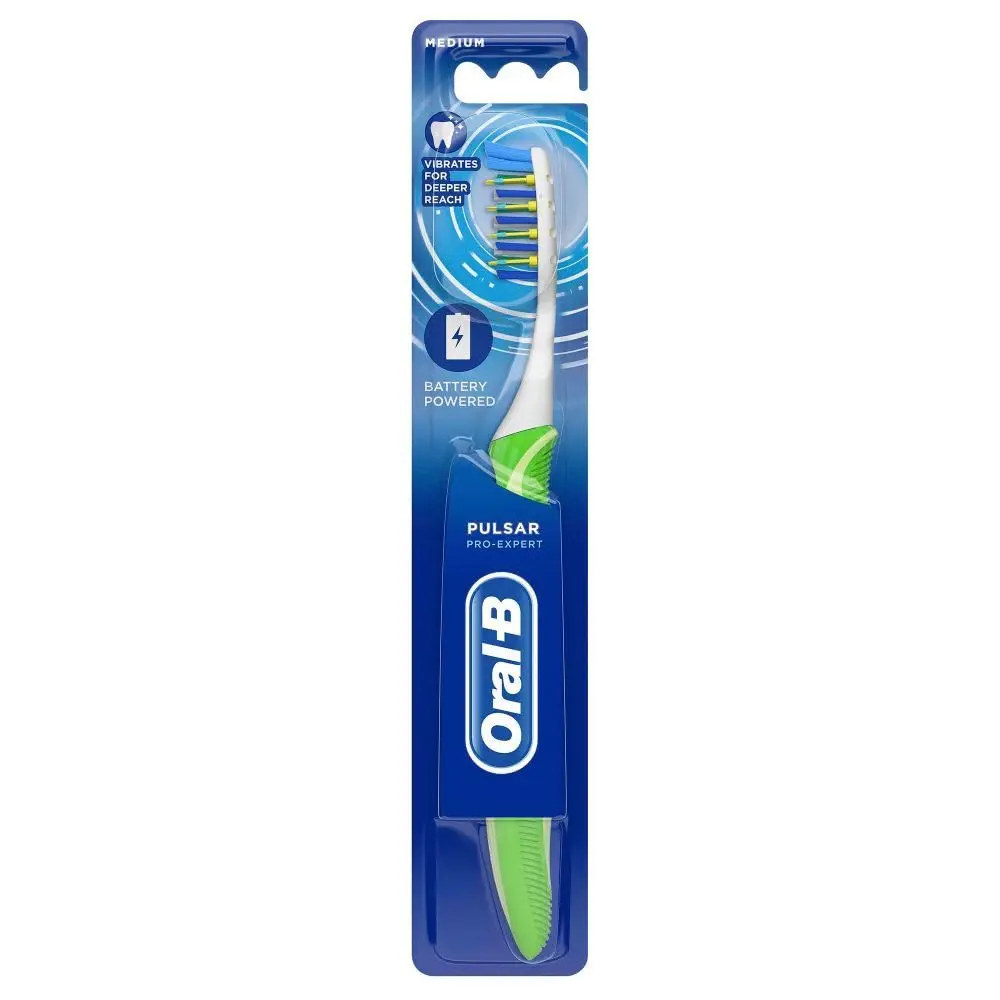Oral-B Pro-Expert Pulsar toothbrush sweeps away plaque and food, penetrates deep between teeth, and adjusts to the contours of your teeth and gums.