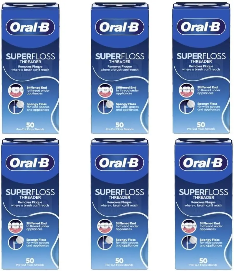 Six pack of Oral-B Super Floss pre-cut strands, ideal for cleaning braces, bridges, and wide spaces between teeth with its stiffened end and spongy floss.