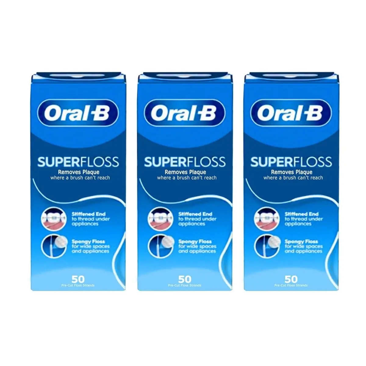 This is a pack of three Oral-B Super Flosses, each containing 50 pre-cut, mint-flavored strands designed to clean large interdental spaces with their spongy floss and stiff threader.