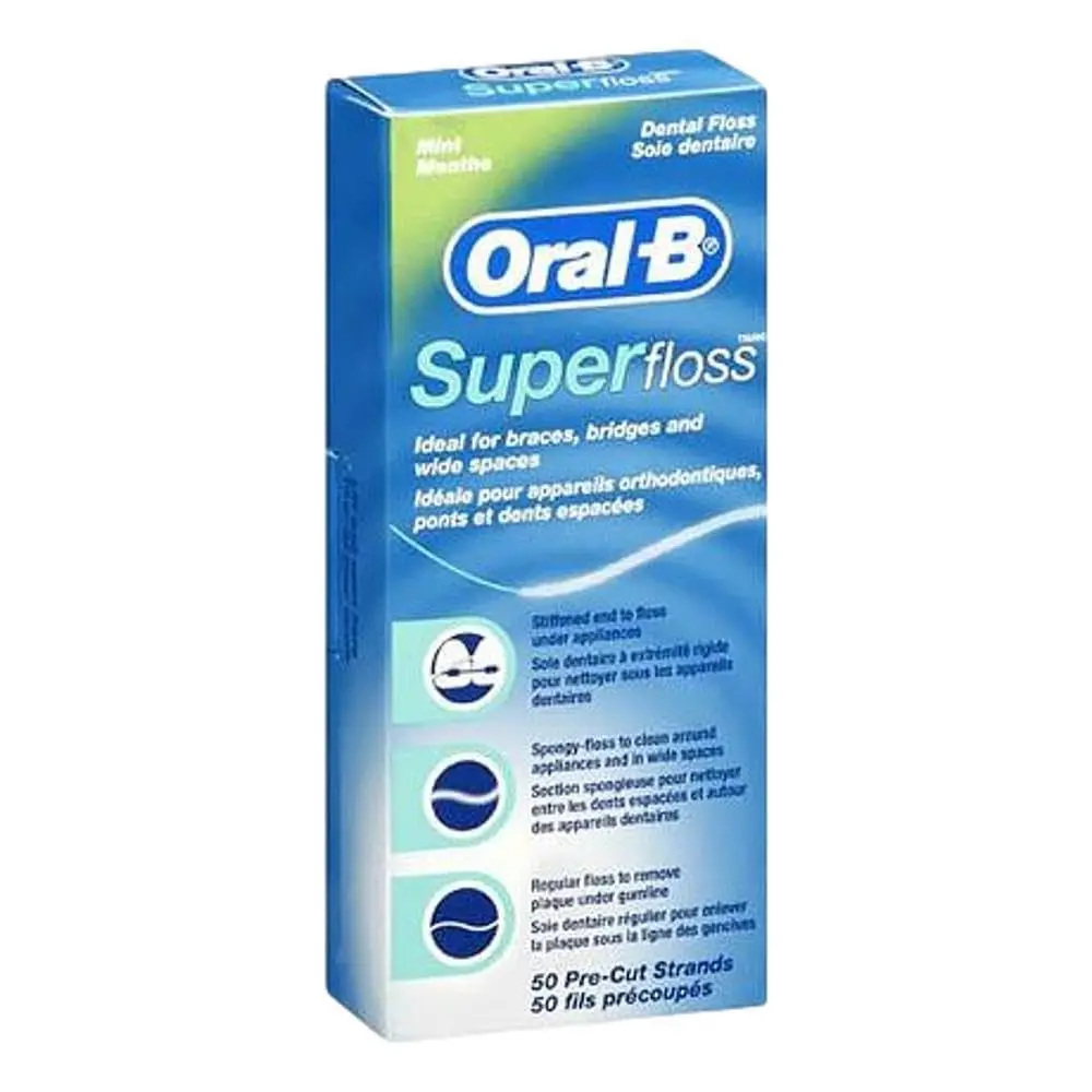 Six pack of Oral-B Super Floss pre-cut strands, ideal for cleaning braces, bridges, and wide spaces between teeth with its stiffened end and spongy floss.