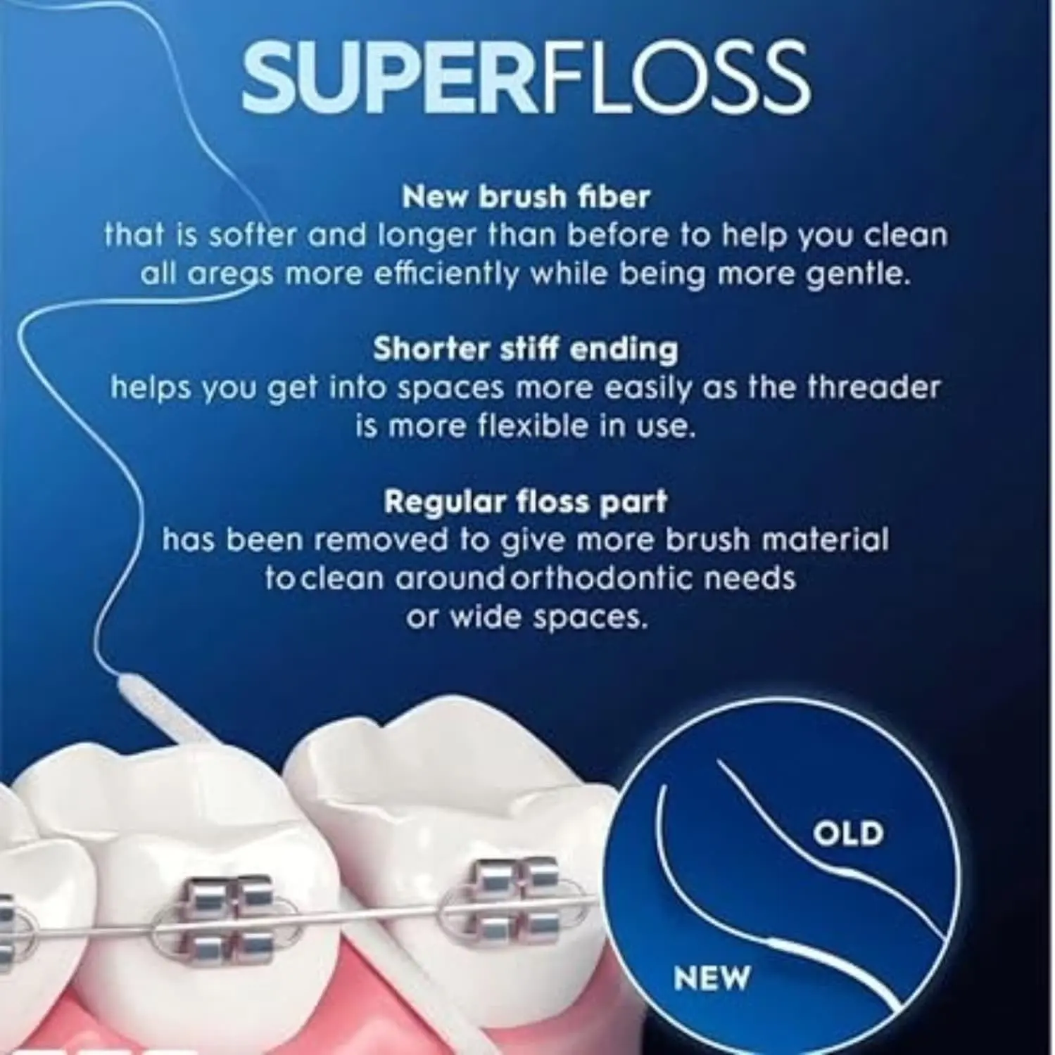 This is a pack of three Oral-B Super Flosses, each containing 50 pre-cut, mint-flavored strands designed to clean large interdental spaces with their spongy floss and stiff threader.