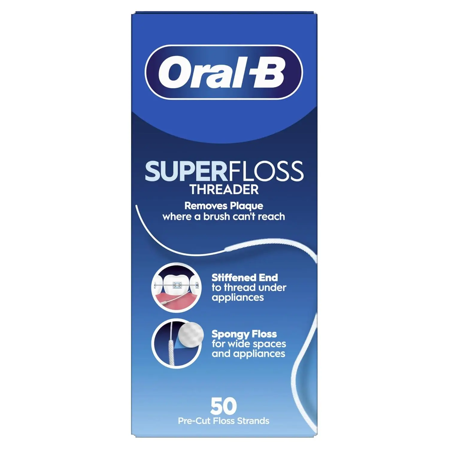 This is a pack of three Oral-B Super Flosses, each containing 50 pre-cut, mint-flavored strands designed to clean large interdental spaces with their spongy floss and stiff threader.