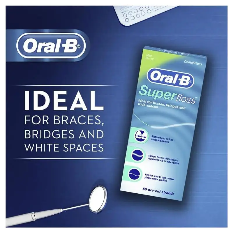 This is a pack of three Oral-B Super Flosses, each containing 50 pre-cut, mint-flavored strands designed to clean large interdental spaces with their spongy floss and stiff threader.