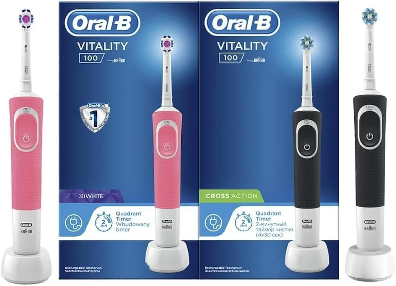 The Oral-B Vitality D100 electric toothbrush bundle features a black handle with a Cross Action brush head and a pink handle with a 3D White brush head, offering an ergonomic design, quadrant timer and rechargeable battery for better oral hygiene.