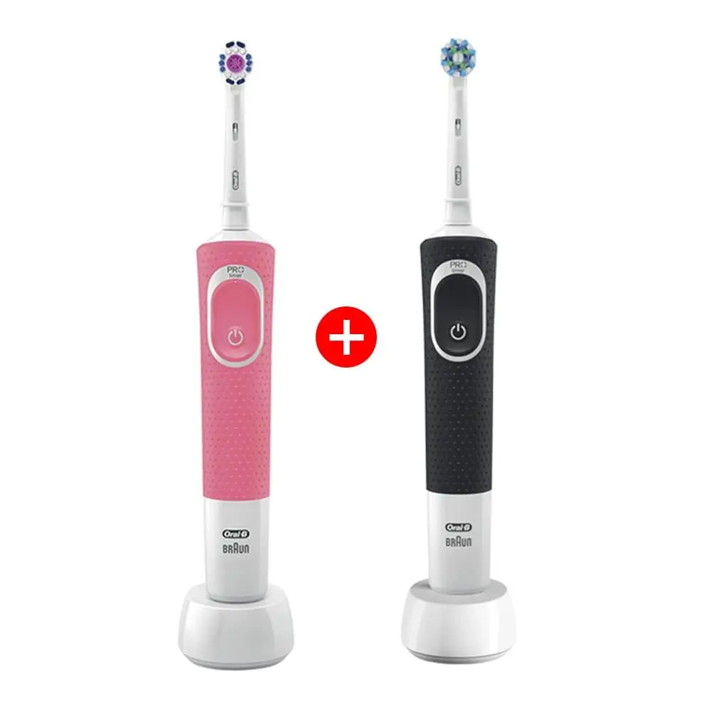The Oral-B Vitality D100 electric toothbrush bundle features a black handle with a Cross Action brush head and a pink handle with a 3D White brush head, offering an ergonomic design, quadrant timer and rechargeable battery for better oral hygiene.