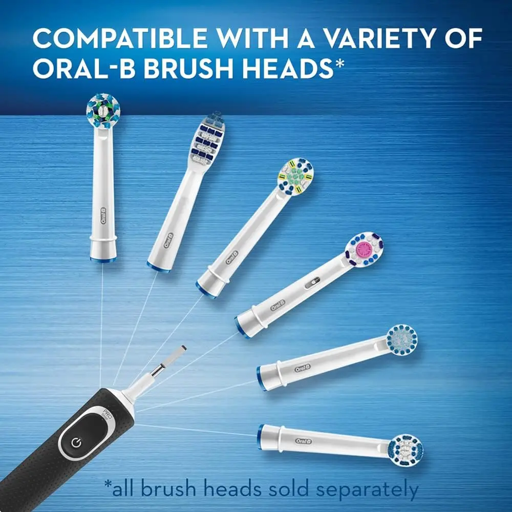 The Oral-B Vitality D100 electric toothbrush bundle features a black handle with a Cross Action brush head and a pink handle with a 3D White brush head, offering an ergonomic design, quadrant timer and rechargeable battery for better oral hygiene.