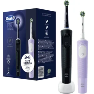 This Oral-B Vitality Pro double pack features two rechargeable electric toothbrushes with three cleaning modes for daily cleaning, sensitive teeth, and gentle gum care.