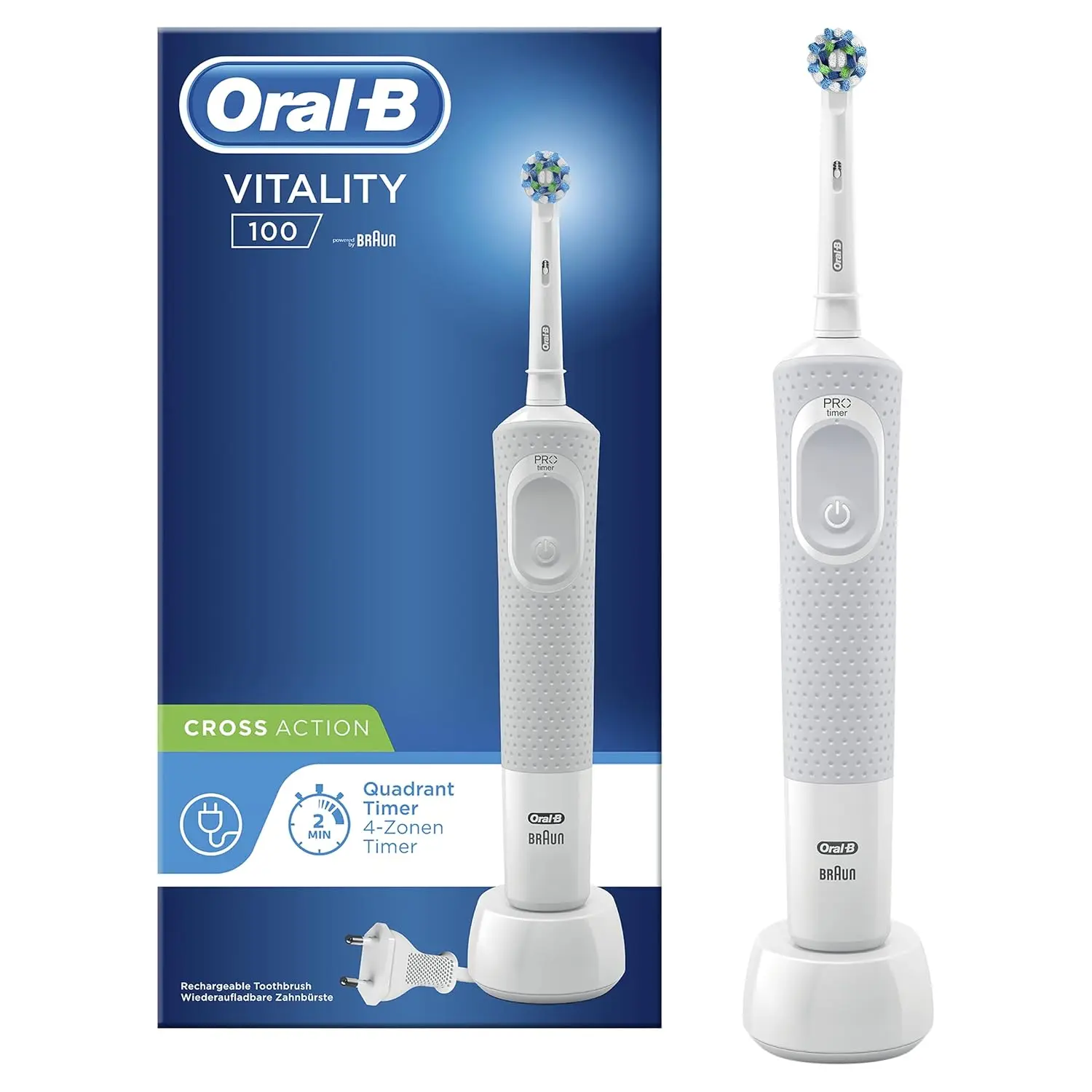 White Oral-B Vitality 100 electric toothbrush with charger and one brush head, designed for adults to effectively remove plaque and promote gum health.