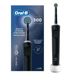 Black Oral B Vitality 300 rechargeable electric toothbrush with CrossAction brush head, offering 3 cleaning modes and a 2-minute timer for enhanced plaque removal and gum protection.