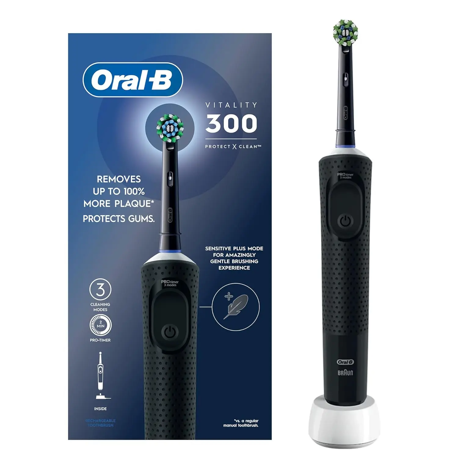 Black Oral B Vitality 300 rechargeable electric toothbrush with CrossAction brush head, offering 3 cleaning modes and a 2-minute timer for enhanced plaque removal and gum protection.