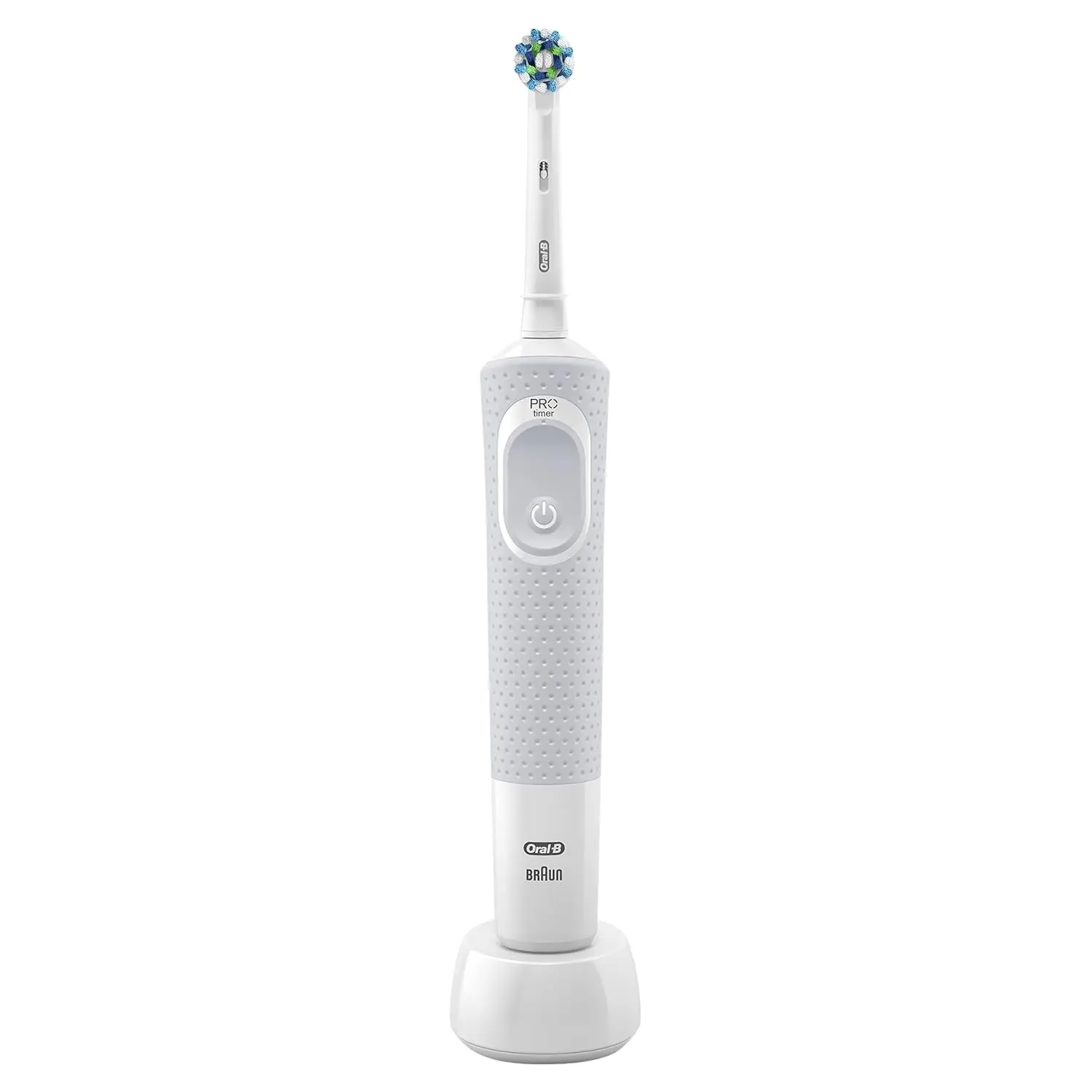 White Oral-B Vitality 100 electric toothbrush with charger and one brush head, designed for adults to effectively remove plaque and promote gum health.