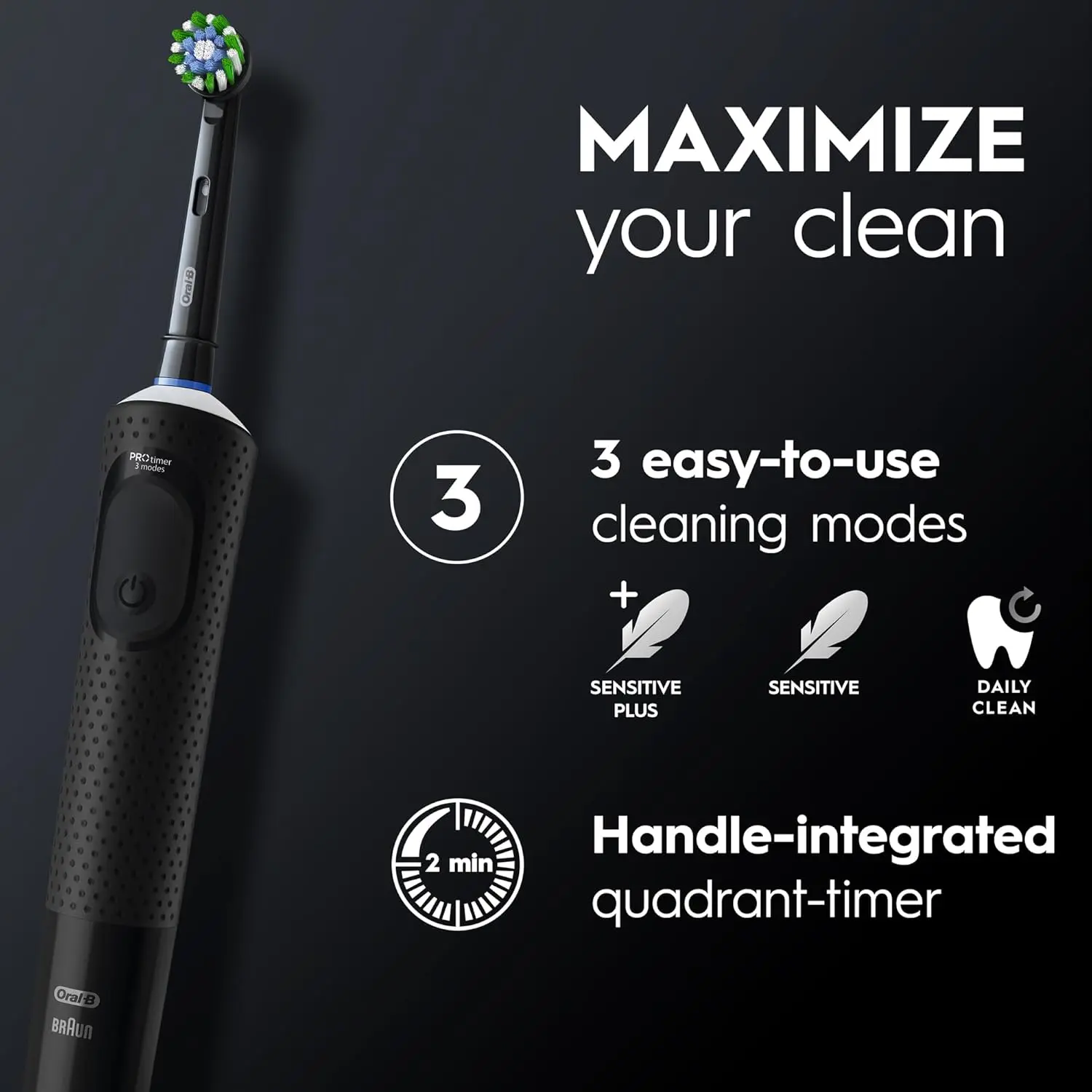 Black Oral B Vitality 300 rechargeable electric toothbrush with CrossAction brush head, offering 3 cleaning modes and a 2-minute timer for enhanced plaque removal and gum protection.