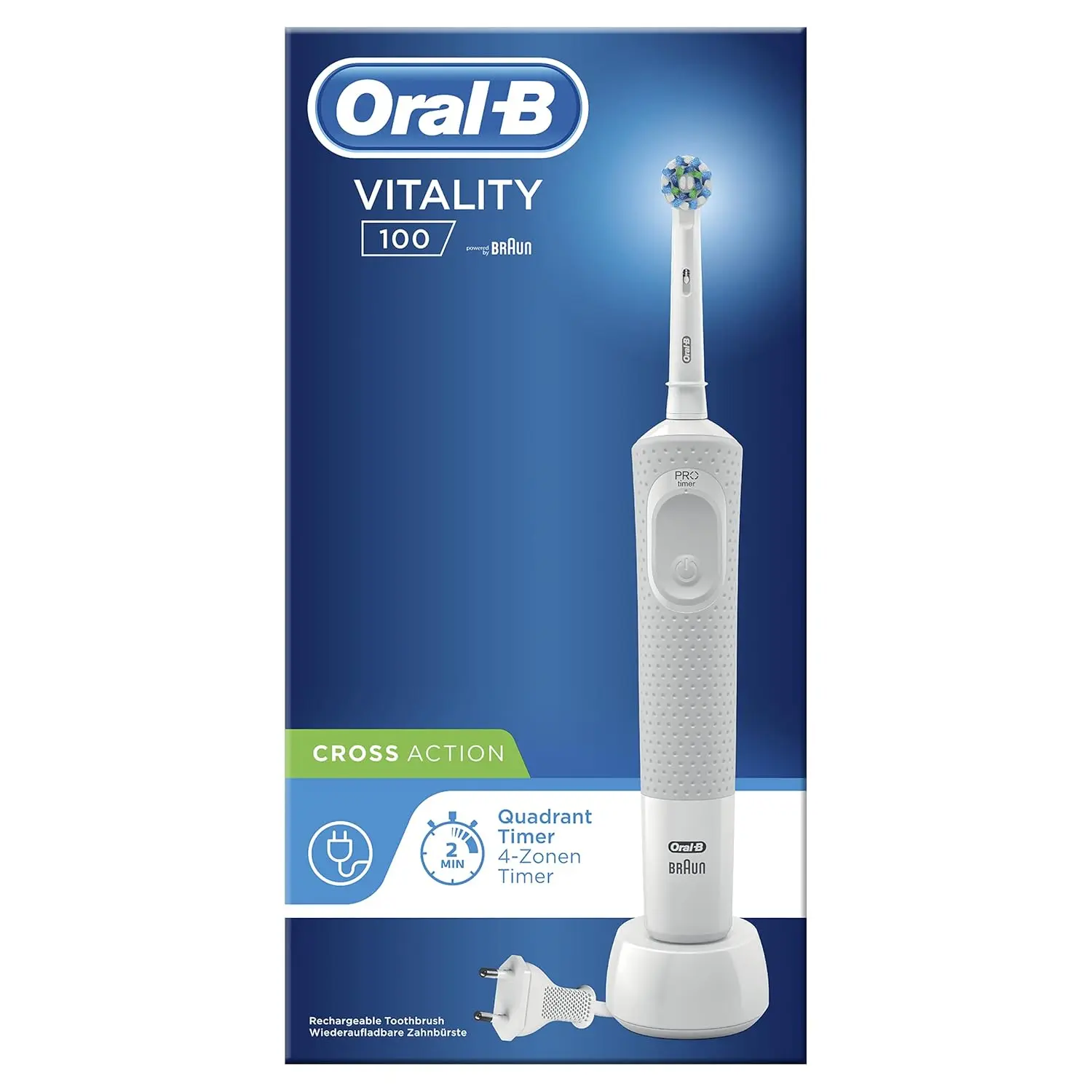 White Oral-B Vitality 100 electric toothbrush with charger and one brush head, designed for adults to effectively remove plaque and promote gum health.